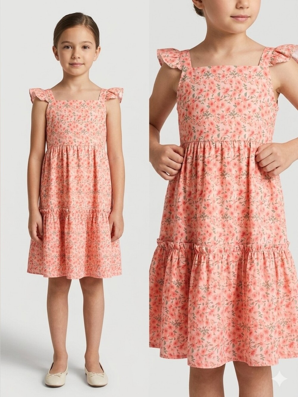 876. Grace Karin Peach Pink Ditsy Floral Flutter Sleeve Tiered Dress - Size 7Y